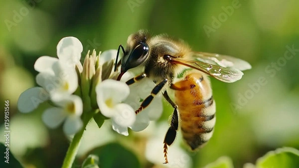 Fototapeta A detailed shot of a honey bee feeding on a white clover flower in soft natural tones