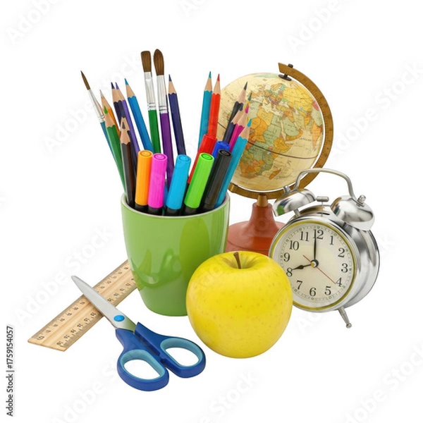 Obraz Illustration of school supplies with globe and clock isolated on transparent background