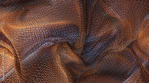 Fototapeta Intricate 3D composition of neural style wireframe mesh glowing with orange light.