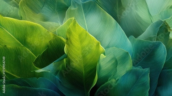 Fototapeta Ethereal Green and Teal Leaf Veins Abstract Macro Photography.