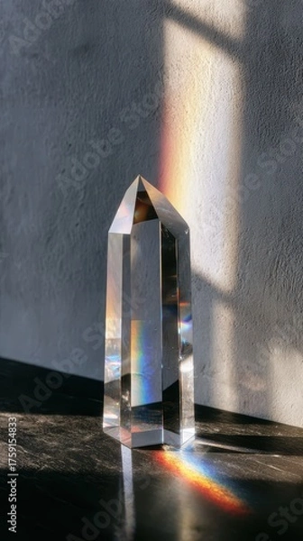 Fototapeta Ethereal Light Play - A Clear Quartz Crystal Tower Refracting a Vibrant Rainbow.