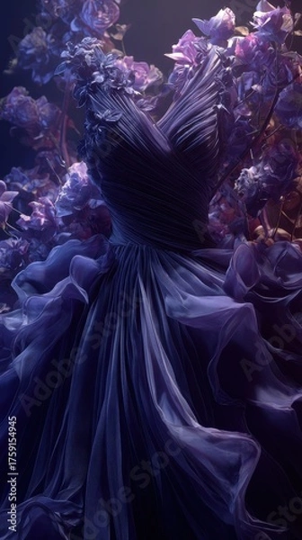 Fototapeta Ethereal Purple Gown Billowing in Dark Water with Abstract Floral Forms.
