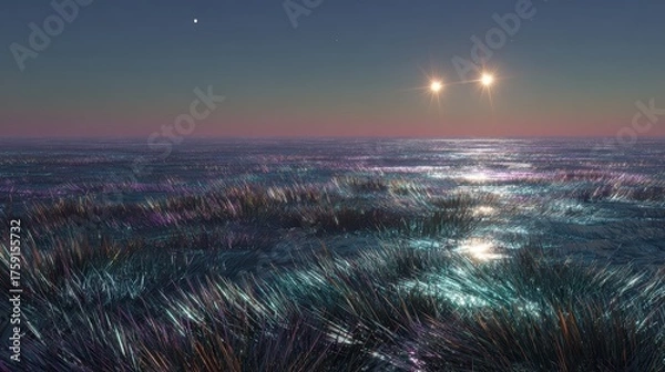 Fototapeta Ethereal Twilight Ocean Vista with Twin Celestial Lights and Wispy Coastal Grass.