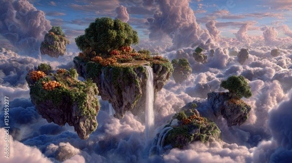 Fototapeta Floating Islands Cascade Through Dreamy Clouds, Lush Greenery, and Ethereal Waterfalls.