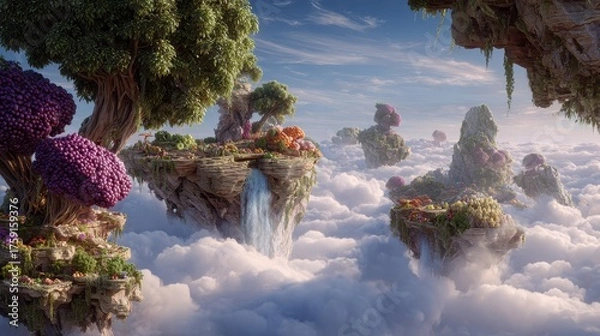 Fototapeta Floating Islands in a Dreamy Sky - Lush Vegetation, Waterfalls, and Ethereal Clouds.