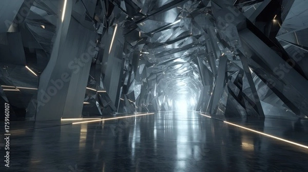 Fototapeta Futuristic Crystalline Cavern Illuminated by a Distant Glow and Golden Light Trails.