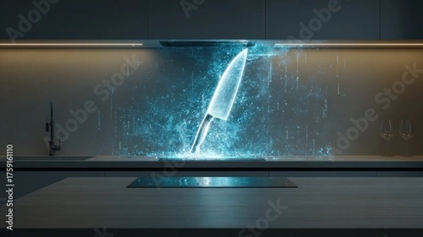 Fototapeta Futuristic Holographic Chefs Knife Illuminates Modern Kitchen with Electric Blue Energy Swirls.