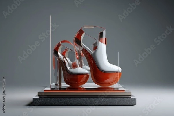 Fototapeta Futuristic Red and White Sculptural Platform Heels Presented in a Modern Glass Display Case.