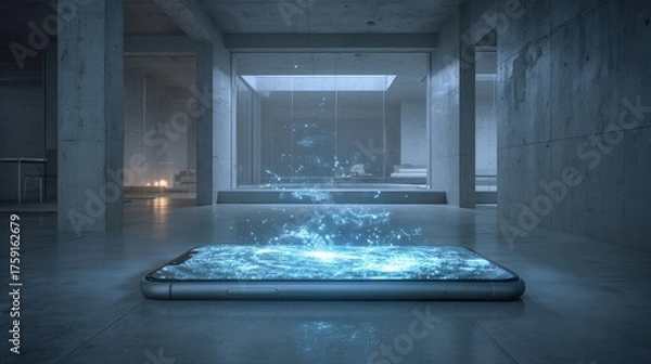 Fototapeta Futuristic Smartphone Displaying Holographic Water in a Minimalist Concrete Setting.