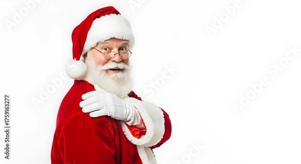 Obraz A jolly Santa Claus in his iconic red suit and hat, with a white beard and gloves, posing against a white background.