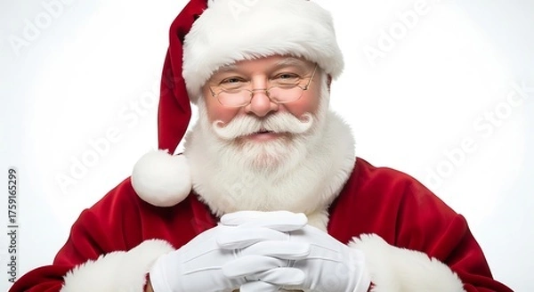 Fototapeta A jolly Santa Claus with a white beard and mustache, wearing a red suit and white gloves, smiles warmly.