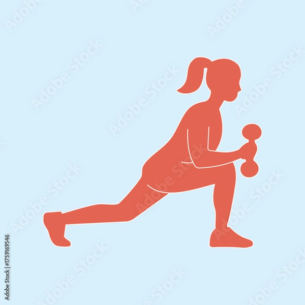 Fototapeta Minimalist illustration of a woman doing lunge exercise with dumbbell on light blue background. Perfect for fitness, gym, and wellness design projects.