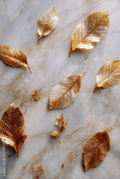 Fototapeta Gilded Autumn Leaves Scattered on Textured Marble Surface, Elegant Nature Still Life.
