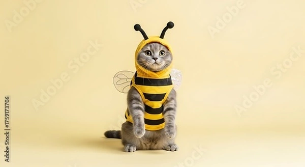 Fototapeta Adorable cat dressed as a bee, sitting and looking at the camera with a light yellow background