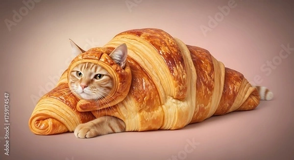 Fototapeta An adorable ginger tabby cat is hilariously disguised as a delicious golden-brown croissant, creating a cute and surreal foodie pet portrait