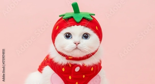 Fototapeta Adorable white cat dressed as a strawberry with a matching hat and outfit