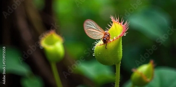 Fototapeta Predatory Plant Consuming Insect A macro shot of a vibrant Venus flytrap with glistening dew drops on its serrated traps. A small, blurred insect is just entering one of the traps. The background is a