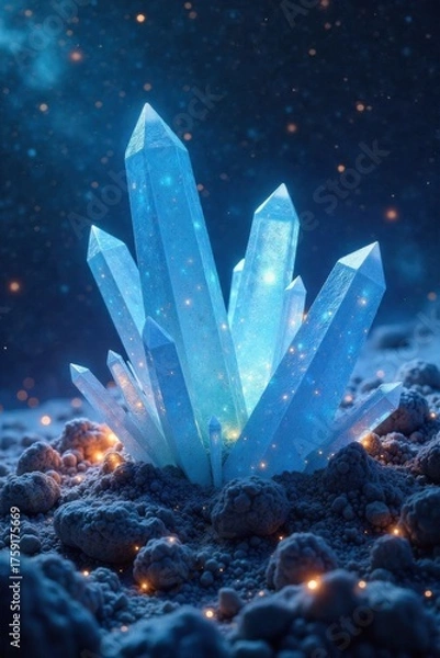 Fototapeta Horizon of Innovation Stylized, glowing crystalline structures emerging from a dark, expansive void, symbolizing nascent ideas and future potential. Abstract image of sharp, glowing crystalline