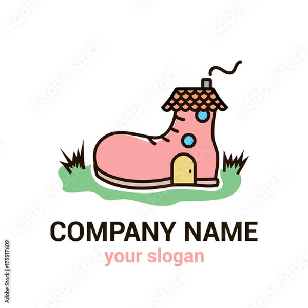 Fototapeta Vector logo template for children's shoe store or shop. Illustration of a boot made in the form of house with roof, windows and door. EPS10.
