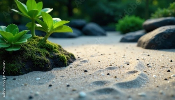 Fototapeta Zen Garden of Light A minimalist Zen garden with perfectly raked sand and smooth, dark stones. Ethereal, softly glowing flora with abstract, crystalline structures are subtly integrated into the