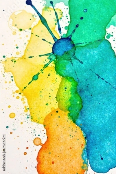 Fototapeta Abstract watercolor paint splatters and swirls in vibrant, cheerful colors on a white background, evoking creativity and art. Abstract watercolor paint splatters and swirls in vibrant rainbow colors