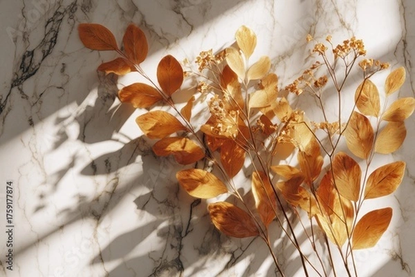 Fototapeta Golden Autumnal Foliage on Marble Surface, Dramatic Light and Shadow Play.