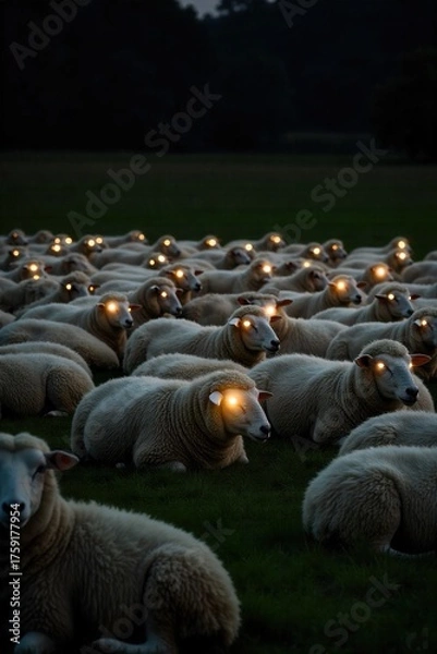 Fototapeta Shepherd s Flocks Under the Nativity Star A tranquil scene of a peaceful flock of sheep resting in a grassy field at night. A prominent, glowing star shines brightly in the dark sky above, casting a