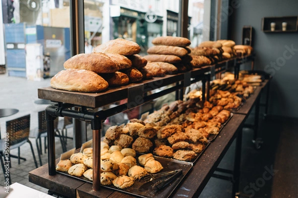 Fototapeta Fresh Bread and Pastries Displayed in Bakery Window in Copenhagen City Center Denmark