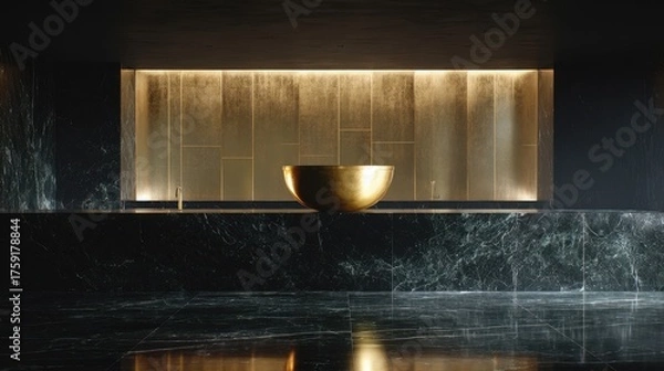 Fototapeta Golden Bowl on Dark Marble Countertop with Illuminated Gold Backsplash, Luxurious Spa Aesthetic.