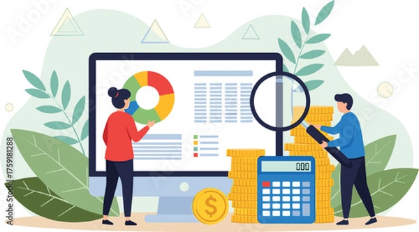 Fototapeta Business Analysts Reviewing Financial Data on Computer with Magnifying Glass and Calculator in Modern Office Setting, Illustrating Investment Analysis, Data Visualization, Strategic Planning and Budge