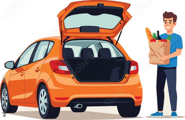 Fototapeta Man Unloading Groceries from Orange Hatchback Car after Shopping Trip in Suburban Setting for Healthy Lifestyle, Personal Transportation, Modern Convenience, and Grocery Delivery Service in Vector Ill