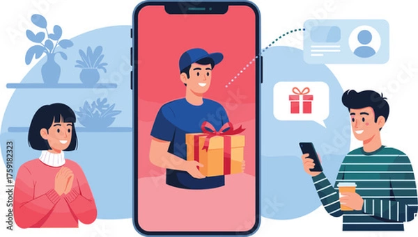 Obraz Online Gift Delivery Service with Mobile App: Cheerful Customer Receiving Present from Courier via Smartphone, Connected by Technology for Modern Gifting Experience, Business Solution, Advertising,  M