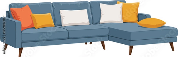 Obraz Comfortable Blue Sofa with Pillows Interior Design Element Illustration for Home Decor Marketing, Furniture Advertisement, Interior Design Presentation, Modern Living Room, Stylish Apartment,Relaxatio