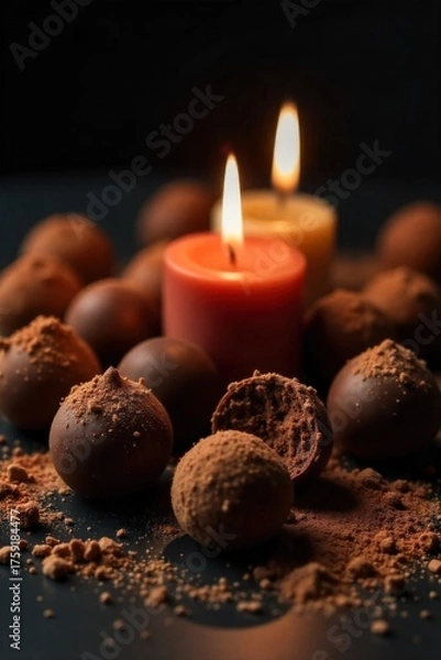 Fototapeta Artisanal Chocolate Truffles and Candle s Gentle Flicker A still life composition featuring several artisanal chocolate truffles, some dusted with cocoa powder, artfully arranged around a lit taper