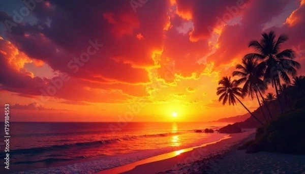 Fototapeta Lush palm trees silhouetted against a fiery orange and purple sunset over the Bahamian ocean. A dramatic sunset over the Bahamian ocean. Silhouettes of lush palm trees stand against a sky ablaze with