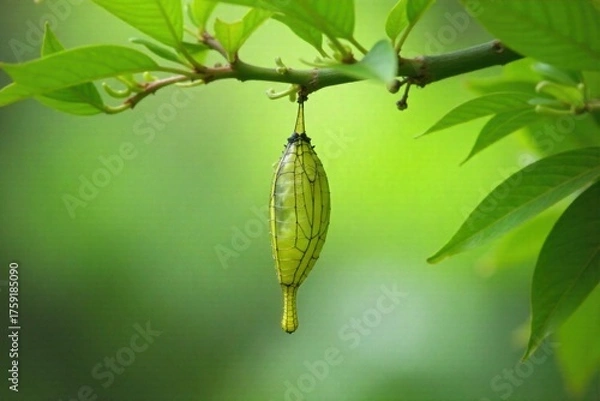 Fototapeta Monarch chrysalis suspended, showing developing butterfly inside. A close up, ethereal shot of a translucent monarch chrysalis hanging from a delicate green stem. Hints of the developing butterfly s