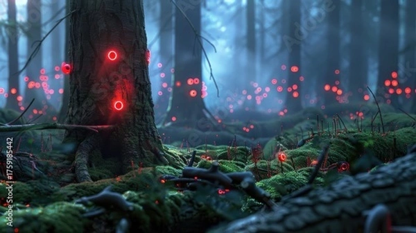 Fototapeta Enchanted Forest with Glowing Red Lights and Misty Background at Twilight