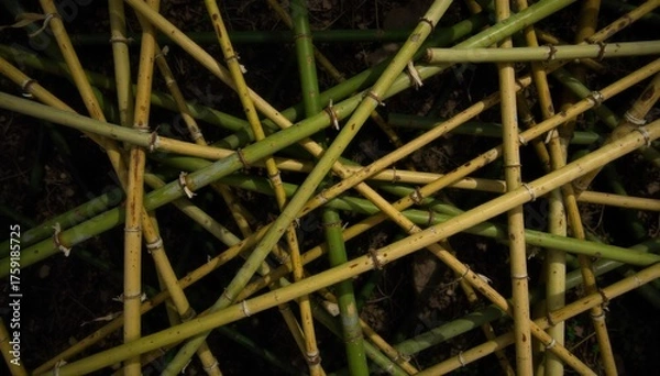 Fototapeta Abstract patterns created by overlapping bamboo leaves and stems, emphasizing geometric shapes and light. An abstract, geometric composition formed by artfully arranged overlapping bamboo stems and