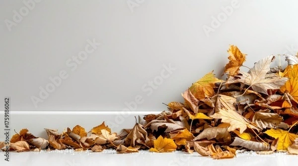 Fototapeta Colorful Fall Leaves Piled Against a White Wall, Capturing the Essence of Autumn Season in a Minimalist Style