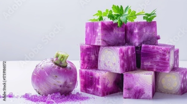 Fototapeta Fresh Purple Vegetables on a Bright Background with Herb Garnish and Colorful Texture for Culinary Use