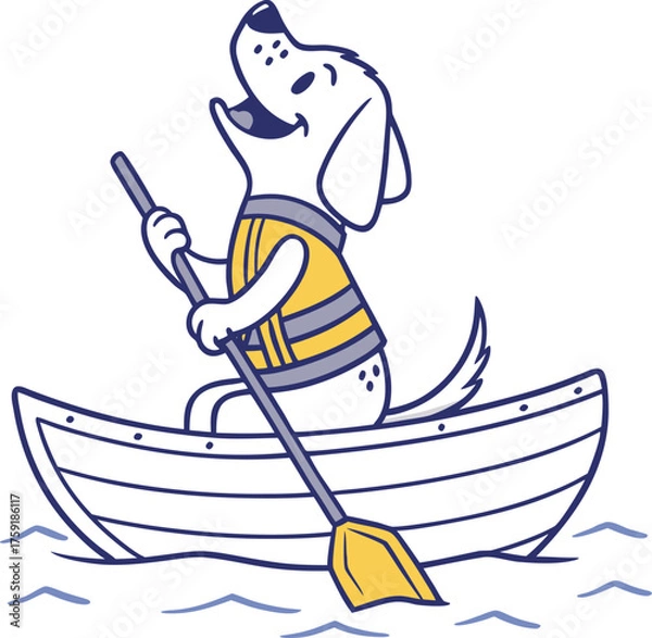 Fototapeta Happy Dog Cartoon Paddling Canoe with Life Vest Funny Summer Boating Graphic