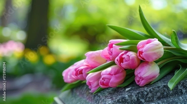 Fototapeta Pink Tulips Resting Gracefully on a Tombstone Surrounded by Lush Greenery and Beautiful Blooms in a Serene Cemetery Setting