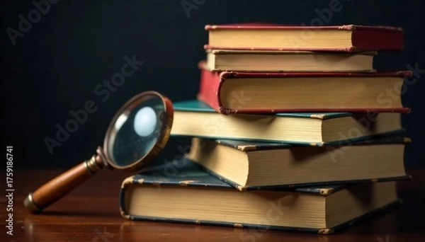 Fototapeta Book Lover s Corner Stacked antique books and reading accessories, evoking warmth and knowledge. A still life arrangement of stacked, antique books with weathered covers and aged pages. A vintage