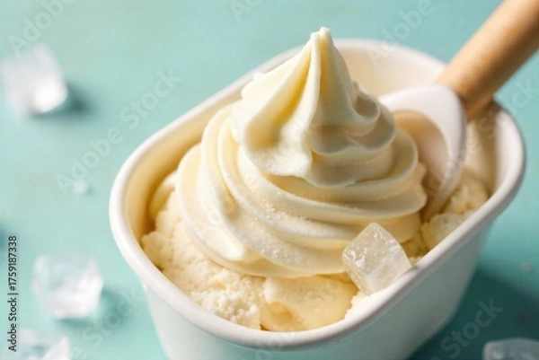 Fototapeta Ice Crystals Forming on a Vanilla Ice Cream Carton in a Freezer An extreme close up, macro shot focusing on the textured surface of a vanilla ice cream carton. Intricate frost patterns and delicate