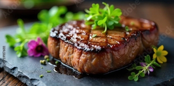 Fototapeta Artfully plated gourmet steak with vibrant edible garnishes on a dark slate, capturing rich textures and deep colors. A perfectly seared gourmet steak, glistening with its own juices, resting on a