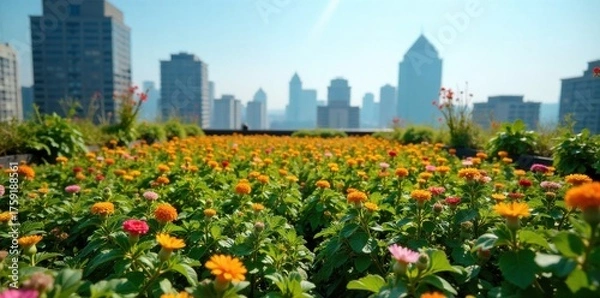 Fototapeta Urban Rooftop Garden Oasis A sprawling urban rooftop garden filled with an abundance of diverse, lush green plants, flowers, and small trees. In the background, a blurred city skyline under a clear