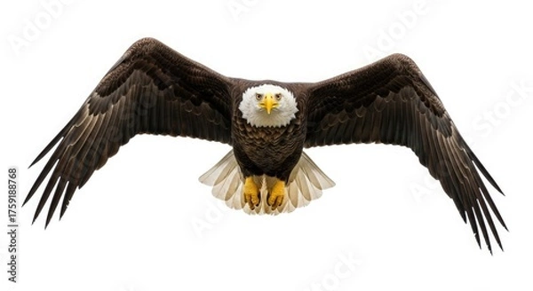 Fototapeta Majestic bald eagle soaring high with wings spread wide in flight isolated on white background view