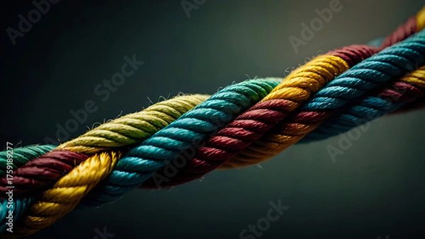 Fototapeta Colorful ropes intertwined in complex knot symbolizing unity and connection