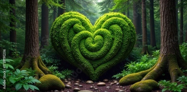 Fototapeta Abstract Geometric Heart in Lush Nature An abstract, geometric heart shape formed entirely from interwoven moss, delicate fern fronds, and smooth river stones, bathed in soft, dappled sunlight