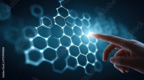 Fototapeta Finger Touching Blue Glowing Hexagonal Network: Tech Interaction Scene